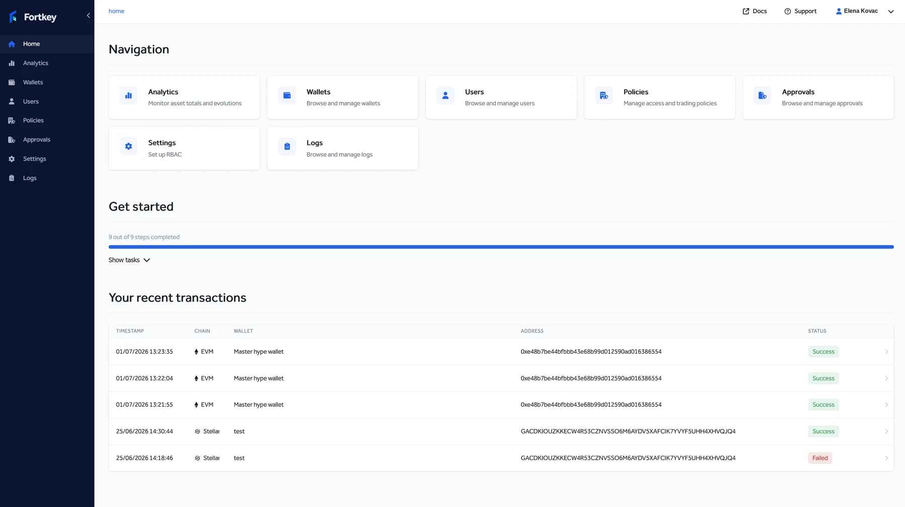 Fortkey console dashboard showing wallets, policies, and activity.